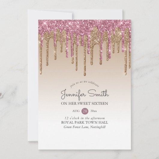 Prinses ROZE ROOS GOUD Drip Glitter ZOETE 16 16e Kaart (Voorkant)