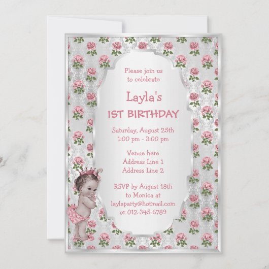  Prinses Roze Rozen Zilver Baby Verjaardag Kaart (Achterkant)