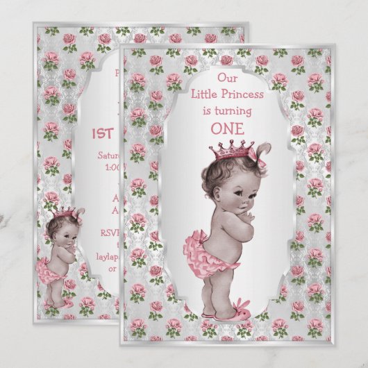  Prinses Roze Rozen Zilver Baby Verjaardag Kaart (Voorkant / Achterkant)
