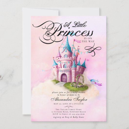 Prinses Sprookje Kasteel Roze Baby Meisje Douche Kaart (Voorkant)