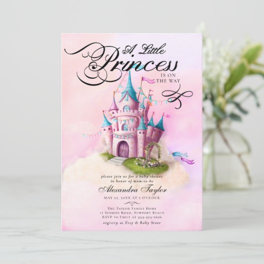 Prinses Sprookje Kasteel Roze Baby Meisje Douche Kaart (Staand voorkant)