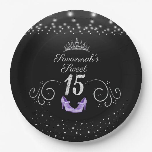 Prinses Sweet 15 String Lights Lavendel Schoenen Papieren Bordje (Voorkant)