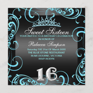 Prinses Sweet 16 Blauw & Zwart Verjaardagsuitnodig Kaart