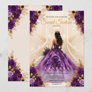Prinses sweet 16 Paars en Goud Uitnodiging