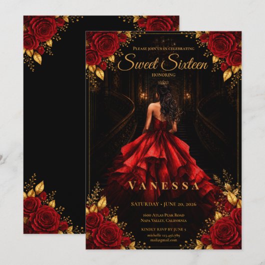 Prinses Sweet 16 Rood Goud Kaart (Voorkant / Achterkant)