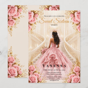 Prinses sweet 16 Roze en Gouden Uitnodiging