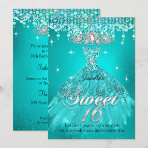 Prinses Sweet 16 Verjaardag Teal Aqua Jurk Tiara Kaart