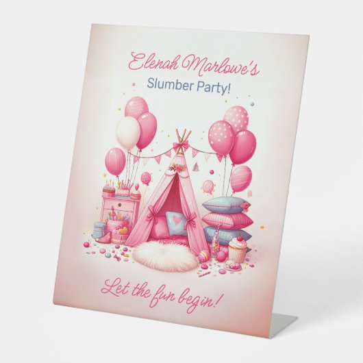 Prinses Teepee & Kussens Slaapfeest Verjaardagsfee Reclamebord Met Voetstuk (Voorkant)