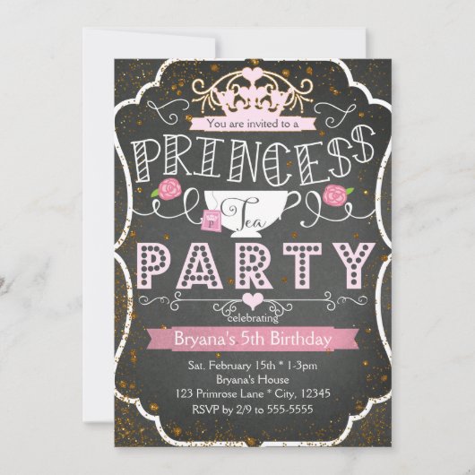 PRINSES THEEPARTY Verjaardag Glitter Uitnodigingen (Voorkant)