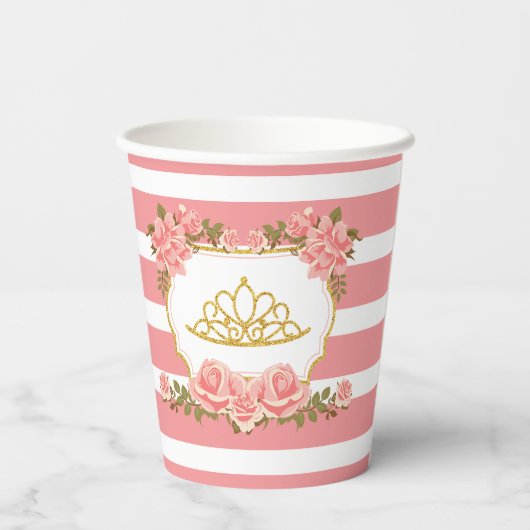 Prinses Thema, Gouden Glitter Kroon en Roze Bloeme Papieren Bekers (Achterkant)