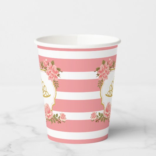 Prinses Thema, Gouden Glitter Kroon en Roze Bloeme Papieren Bekers (Links)