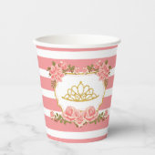 Prinses Thema, Gouden Glitter Kroon en Roze Bloeme Papieren Bekers (Voorkant)