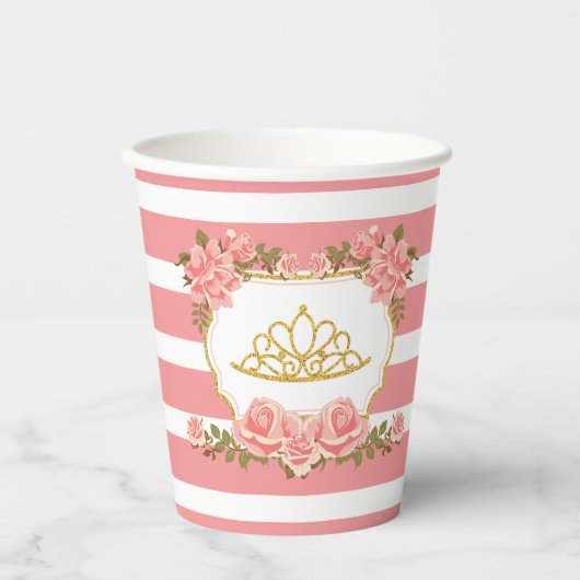 Prinses Thema, Gouden Glitter Kroon en Roze Bloeme Papieren Bekers (Voorkant)