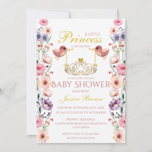 Prinses-Thema Vogels en Tiara Baby shower Kaart (Voorkant)