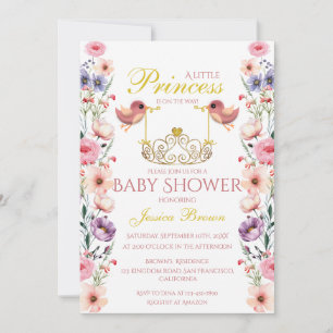 Prinses-Thema Vogels en Tiara Baby shower Kaart