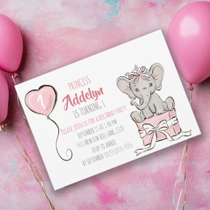 Prinses Tiara Olifant Roze Ballon 1e Verjaardag Kaart