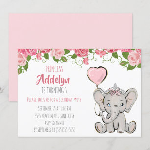 Prinses Tiara Olifant Roze Bloem 1e Verjaardag Kaart