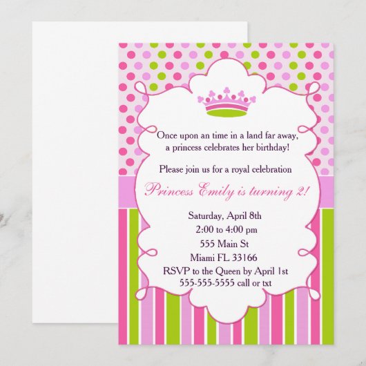 Prinses Uitnodiging Meisje Verjaardagsfeest Groen (Voorkant / Achterkant)