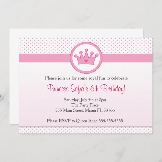 Prinses Uitnodiging Meisje Verjaardagsfeest Roze K (Voorkant / Achterkant)