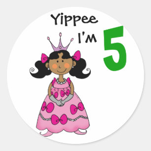 prinses van 5 jaar (zwart haar) ronde sticker