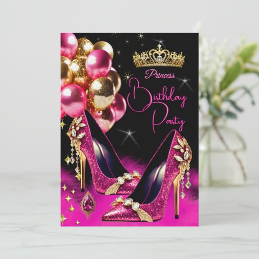 Prinses Verjaardag Hot Pink Glitter Hoge Hakken Kaart (Staand voorkant)