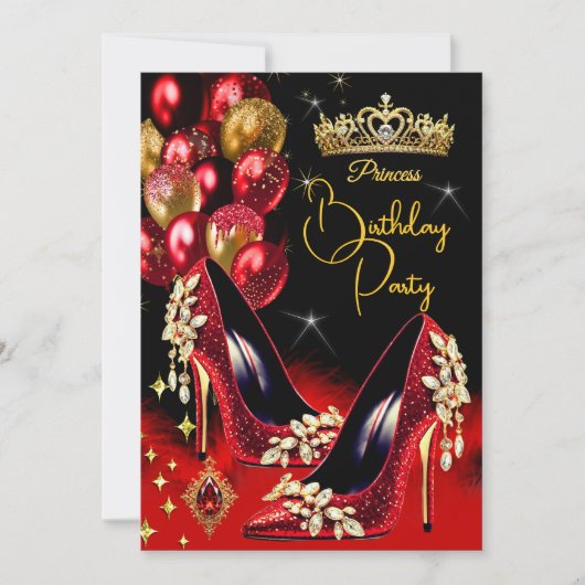 Prinses Verjaardag Rode Glitter Hoge Hakken Kroon Kaart (Voorkant)