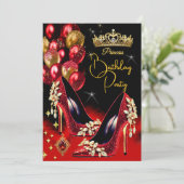 Prinses Verjaardag Rode Glitter Hoge Hakken Kroon Kaart (Staand voorkant)