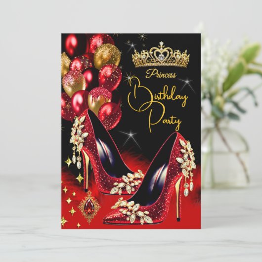 Prinses Verjaardag Rode Glitter Hoge Hakken Kroon Kaart (Staand voorkant)