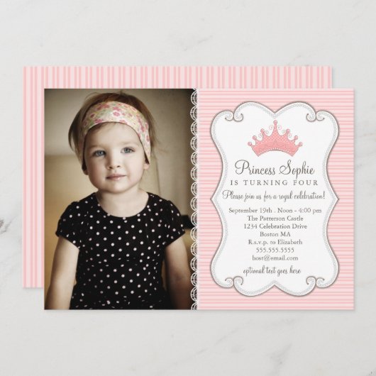 Prinses Verjaardag Roze Kroon Fotouitnodiging Kaart (Voorkant / Achterkant)