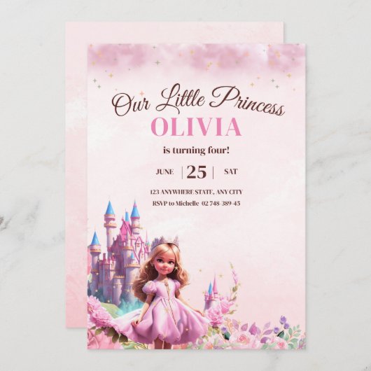 Prinses Verjaardag Uitnodiging Prinses Kasteel Mag (Voorkant / Achterkant)