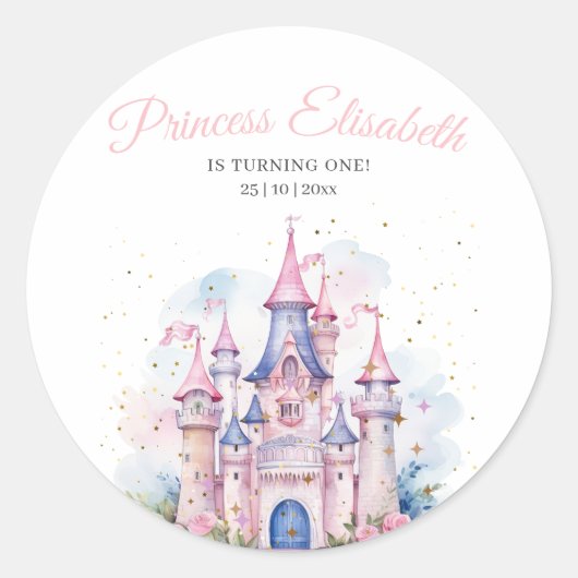 Prinses verjaardagsfeest, Prinses Kasteel Verjaard Ronde Sticker (Voorkant)