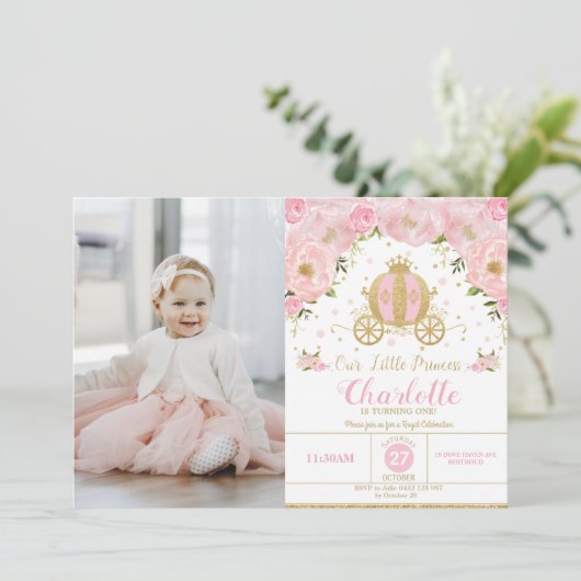 Prinses Verjaardagsfeestje Carriage Pink Floral Fo Kaart (Staand voorkant)