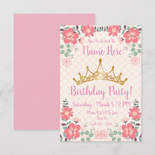 Prinses Verjaardagsfeestuitnodigingen Kaart (Voorkant / Achterkant)