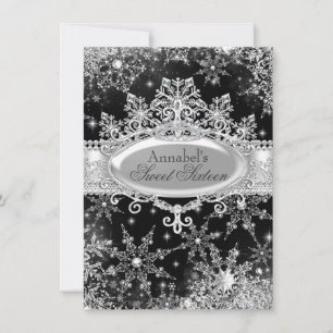 Prinses Winter Wonderland Zwarte Sweet 16 Uitnodig Kaart