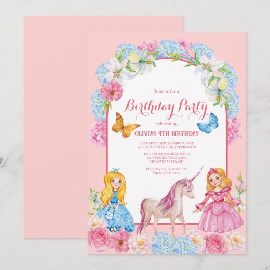 Prinsessen en een verjaardagsuitnodiging voor eenh kaart (Voorkant / Achterkant)