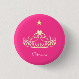 Prinsessen tiara, ster & kalligrafie op roze ronde button 3,2 cm