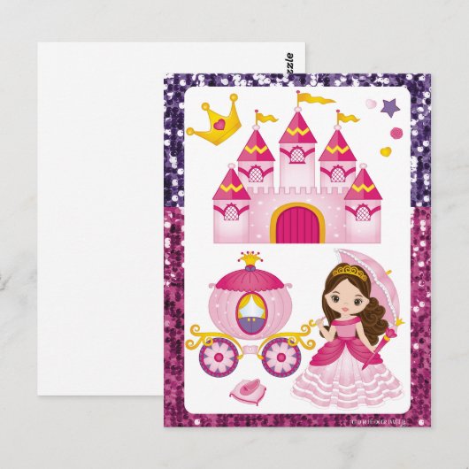 Prinsessenkasteel Gouden Kroon Roze Paarse Paillet Briefkaart (Voorkant / Achterkant)