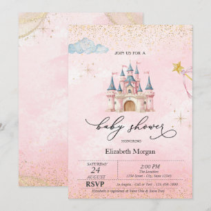 Prinsessenkasteel Gouden Stof Roze Baby Shower Kaart