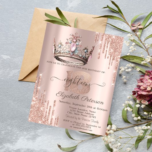 Prinsessenkroon Glitter Drips Roze Goud 18e Kaart