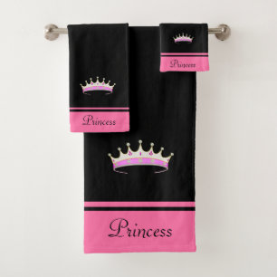 Prinsessenkroon & naamtekst op zwart & roze bad handdoek