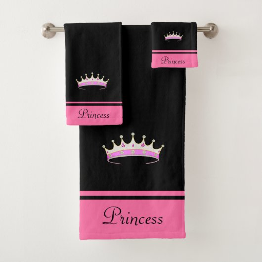 Prinsessenkroon & naamtekst op zwart & roze bad handdoek (Insitu)