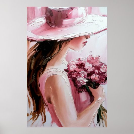 Print,Romantic Woman with Flowers – Soft Pink Impr Poster (Voorkant)