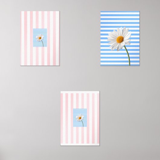 Print Set Blauw Roze Witte Streep Bloemen Daisy (Voorkant)