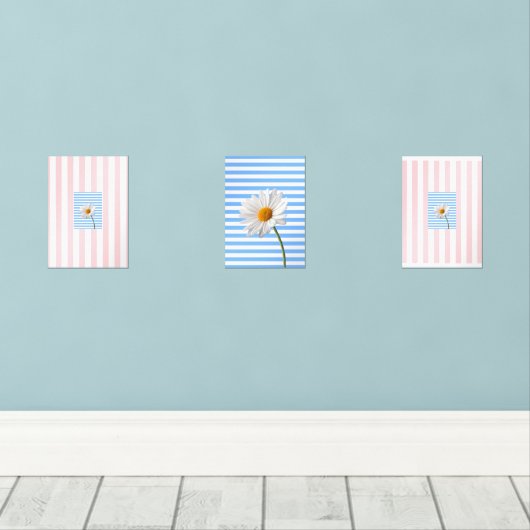 Print Set Blauw Roze Witte Streep Bloemen Daisy (Houten vloer)