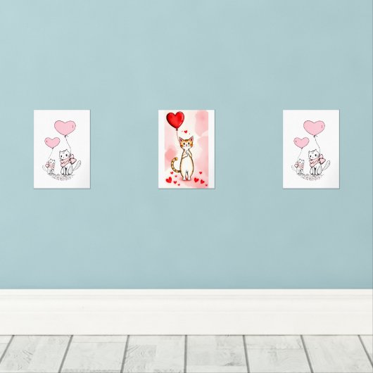 Print Set Cat Red & Pink Hearts (Houten vloer)