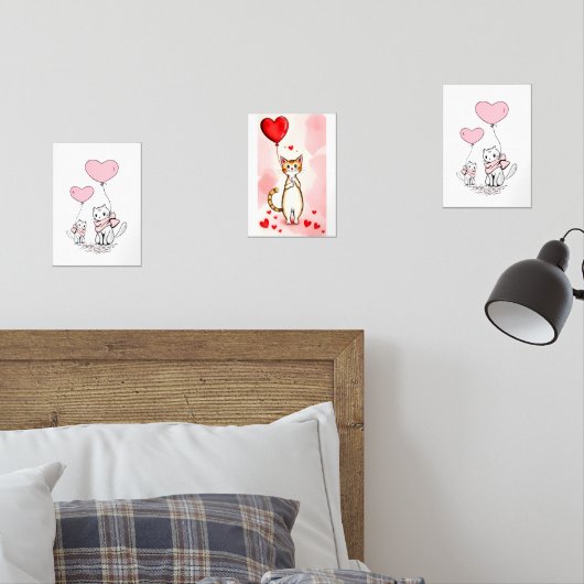 Print Set Cat Red & Pink Hearts (Slaapkamer)