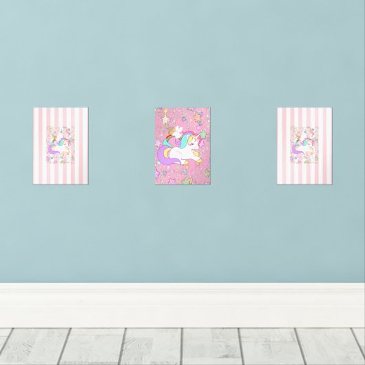 Print Set Pink & White Stripe Unicorn (Houten vloer)