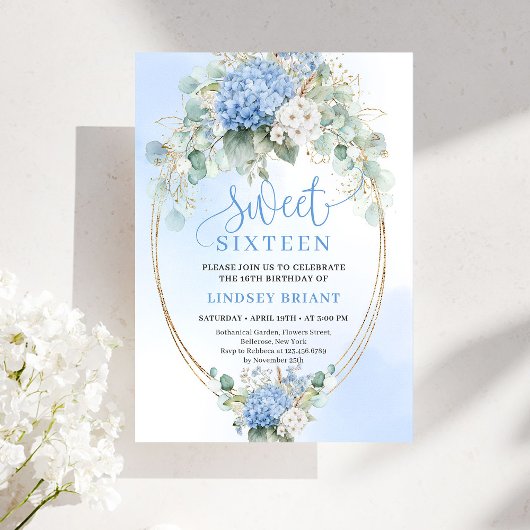 Printable Blue Hydrangea Sweet Sixteen Birthday  Kaart