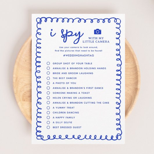 Printable Blue I Spy Weduwfoto Hunt Game Programmakaart