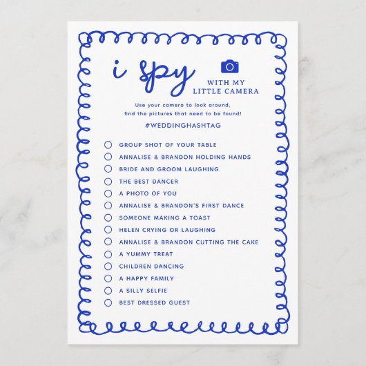 Printable Blue I Spy Weduwfoto Hunt Game Programmakaart (Voorkant)